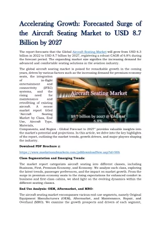Forecasted Surge of the Aircraft Seating Market to USD 8.7 Billion by 2027
