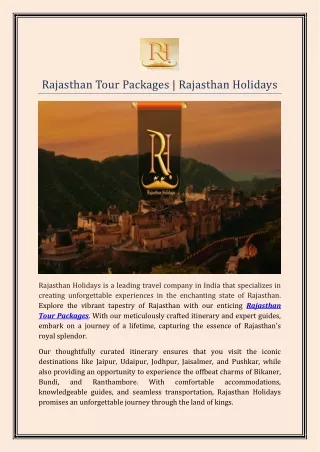Best Rajasthan Tour Packages Offer By Rajasthan Holidays