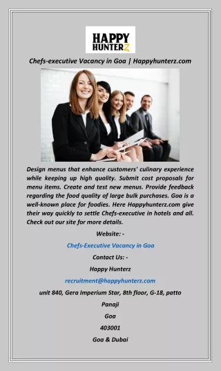 Chefs-executive Vacancy in Goa  Happyhunterz