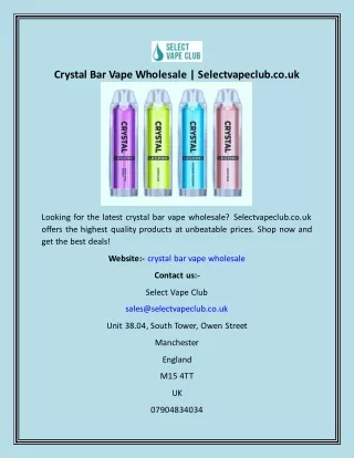 Crystal Bar Vape Wholesale  Selectvapeclub.co.uk