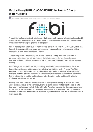 Fobi AI Inc (FOBI.V) (OTC-FOBIF) In Focus After a Major Update