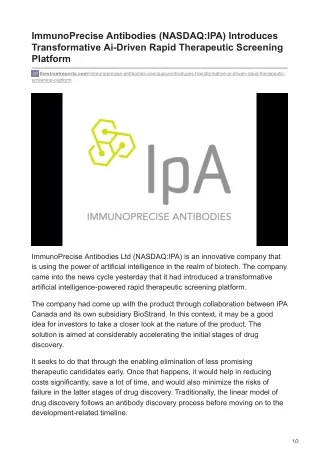 ImmunoPrecise Antibodies (NASDAQ-IPA) Introduces Transformative Ai-Driven Rapid Therapeutic Screening Platform