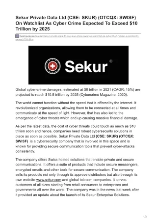 Sekur Private Data Ltd (CSE- SKUR) (OTCQX- SWISF) On Watchlist As Cyber Crime Expected To Exceed $10 Trillion by 2025