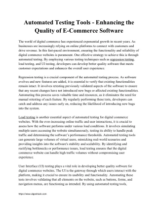 Automated Testing Tools - Enhancing the Quality of E-Commerce Software