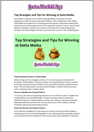 Top Strategies and Tips for Winning at Satta Matka