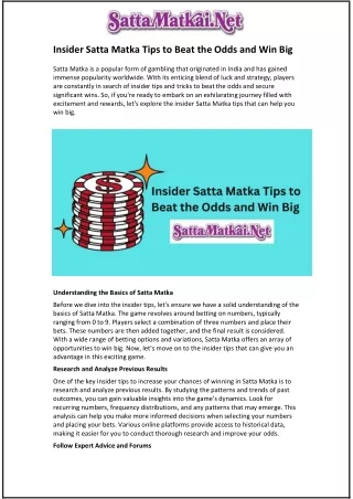 Insider Satta Matka Tips to Beat the Odds and Win Big