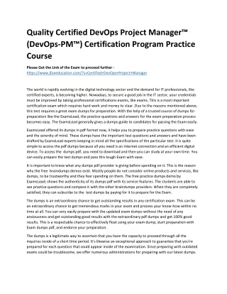 Quality Certified DevOps Project Manager™ (DevOps-PM™) Certification Program Pra