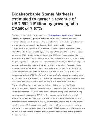 Bioabsorbable Stents Market is estimated to garner a revenue of USD 592.1 Mn