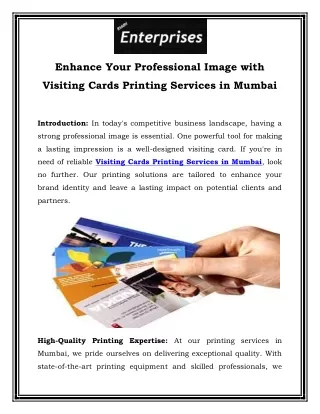 Enhance Your Professional Image with Visiting Cards Printing Services in Mumbai