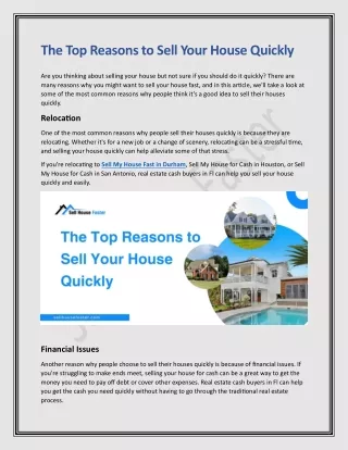 The Top Reasons to Sell Your House Quickly