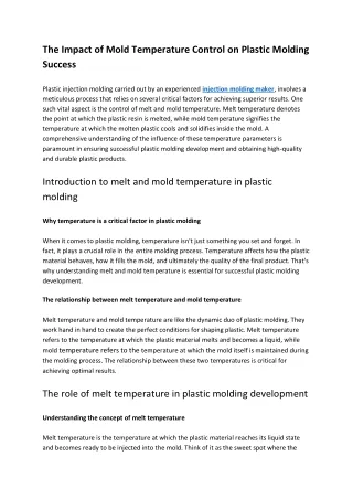 The Impact of Mold Temperature Control on Plastic Molding Success