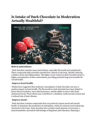 Is Intake of Dark Chocolate in Moderation Actually Healthful