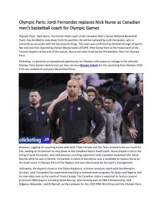 Olympic Paris  Jordi Fernandez replaces Nick Nurse as Canadian men's basketball coach for Olympic Games