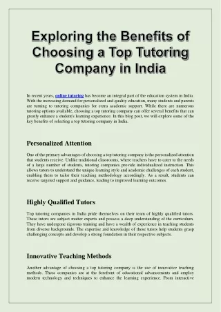 Exploring the Benefits of Choosing a Top Tutoring Company in India