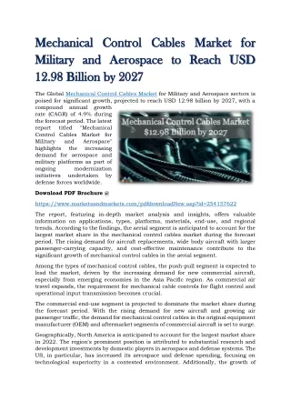 Mechanical Control Cables Market for Military and Aerospace to Reach USD 12.98 Billion by 2027