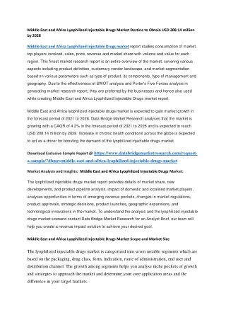 Middle East and Africa Lyophilized Injectable Drugs Market Destine to Obtain USD 208.14 million by 2028