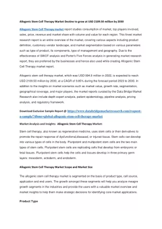 Allogenic Stem Cell Therapy Market Destine to grow at USD 2109.50 million by 2030