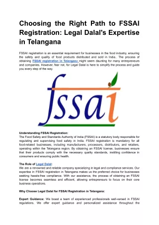 Choosing  Right Path to FSSAI Registration: Legal Dalal's Expertise in Telangana