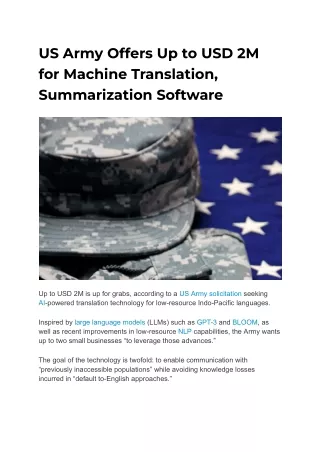 US Army Offers Up to USD 2M for Machine Translation, Summarization Software