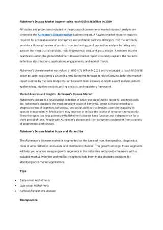 Alzheimer’s Disease Market Augmented to reach USD 8.98 billion by 2029