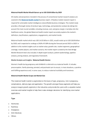 Maternal Health Market Would Garner up to USD 28.00 billion by 2029