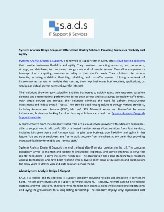 Systems Analysis Design & Support Offers Cloud Hosting Solutions Providing Businesses Flexibility and Agility