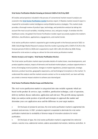 Viral Vector Purification Market Growing at Eminent CAGR of 14.2 by 2029 (1)