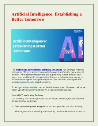 Artificial Intelligence Establishing a Better Tomorrow