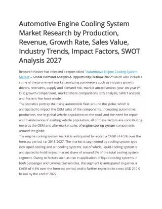 Automotive Engine Cooling System Market Analysis Report 2027