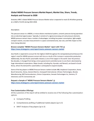 Global MEMS Pressure Sensors Market Report, Market Size, Share, Trends, Analysis