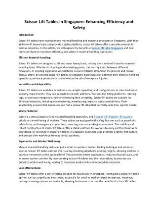 Scissor Lift Tables in Singapore Enhancing Efficiency and Safety