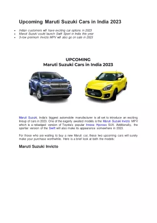 Upcoming Maruti Suzuki Cars in India 2023