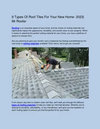 9 Types Of Roof Tiles For Your New Home- 2023| Mr Roofer