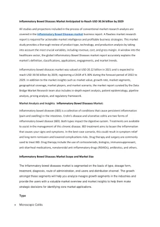 Inflammatory Bowel Diseases Market Anticipated to Reach USD 30.56 billion by 2029