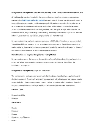 Nutrigenomics Testing Market Size, Dynamics, Country Share, Trends, Competitor Analysis by 2029