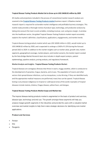 Tropical Disease Testing Products Market Set to Grow up to USD 24658.02 million by 2029