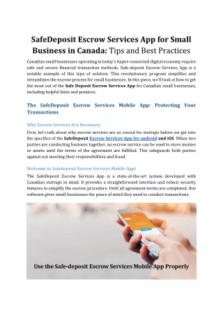 SafeDeposit Escrow Services App for Small Business in Canada