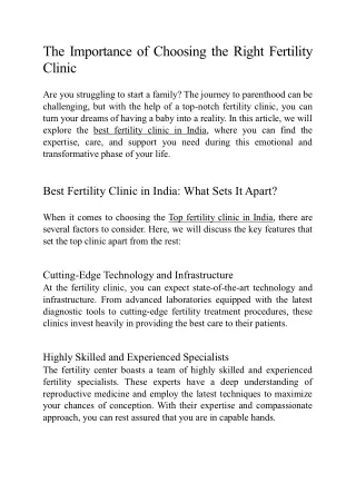 The Importance of Choosing the Right Fertility Clinic