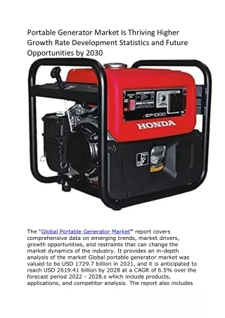 Portable Generator Market Is Thriving Higher Growth Rate Development Statistics and Future Opportunities by 2030