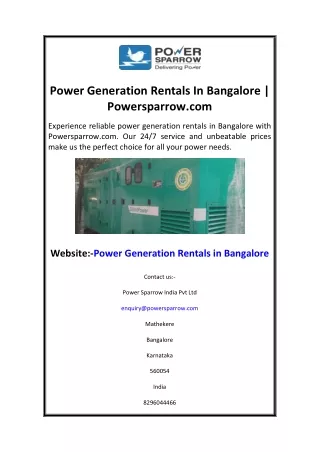 Power Generation Rentals In Bangalore  Powersparrow.com