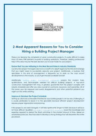 2 Most Apparent Reasons for You to Consider Hiring a Building Project Manager