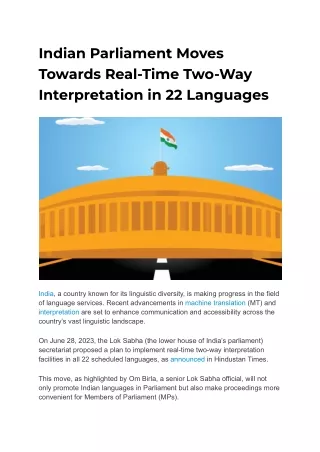 Indian Parliament Moves Towards Real-Time Two-Way Interpretation in 22 Languages