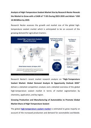 High Temperature Sealants Market Statistics By Top Companies 2023-2035