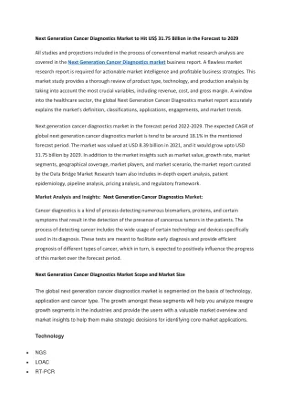 Next Generation Cancer Diagnostics Market to Hit US 31.75 Billion in the Forecast to 2029
