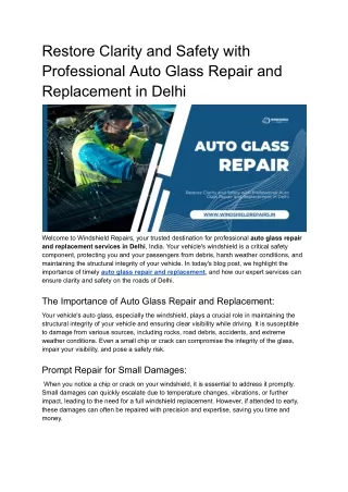 Restore Clarity and Safety with Professional Auto Glass Repair and Replacement in Delhi