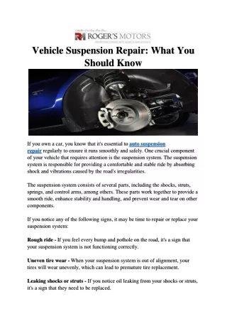 Vehicle Suspension Repair: What You Should Know
