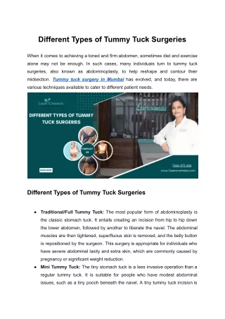 Different Types of Tummy Tuck Surgeries