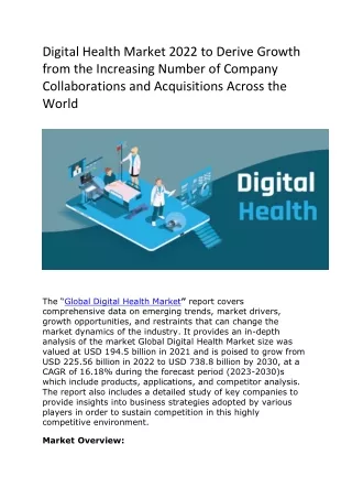 Digital Health Market 2022 to Derive Growth from the Increasing Number of Company Collaborations and Acquisitions Across