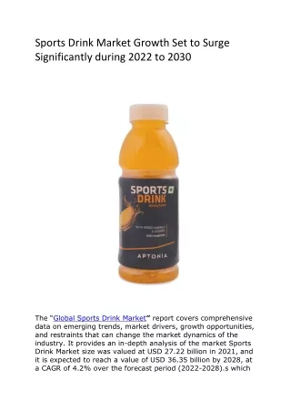 Sports Drink Market Growth Set to Surge Significantly during 2022 to 2030