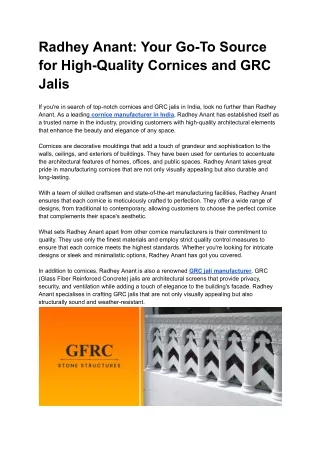 Radhey Anant Your Go-To Source for High-Quality Cornices and GRC Jalis